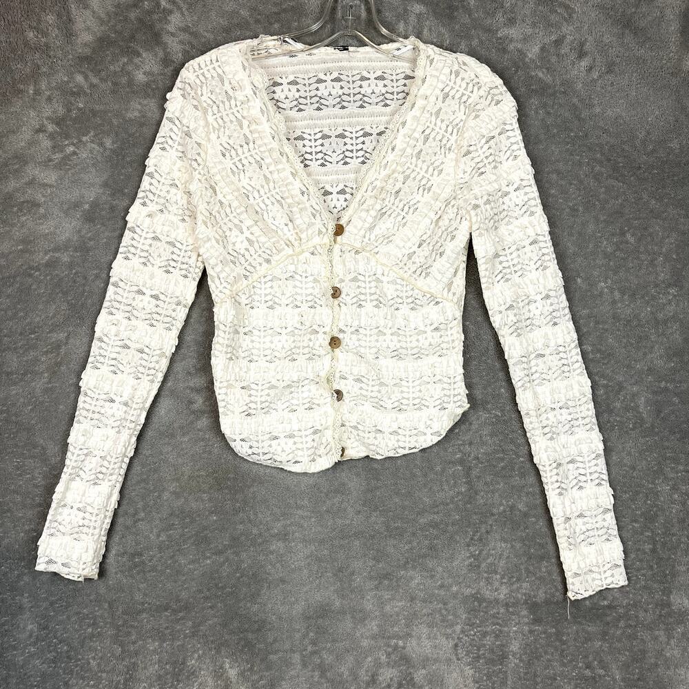 Boho‎ Sheer Long Sleeve Button Up Shirt Top Womens S White Ruffle Festival